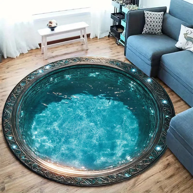 tapis rond vert bleu doré motif eau ondulante moderne maison décorationextérieur 80x80cm 120x120cm