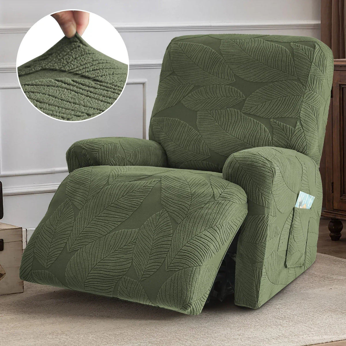 housse canapé rétractable gris feuilles moderne poche adhésive places 68cm 99cm