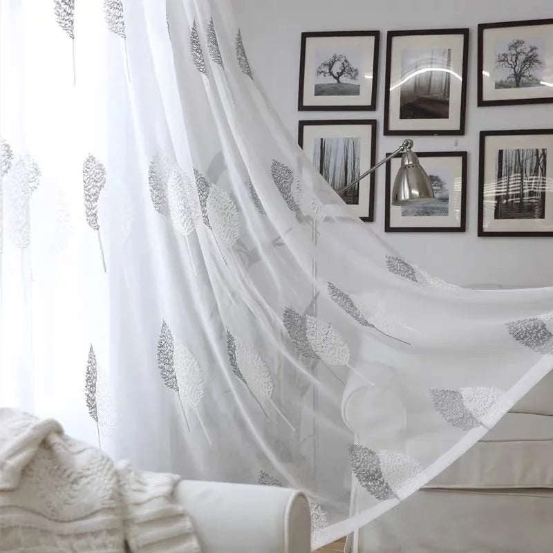 rideau tulle feuilles stylisées blanc gris moderne fenêtre 100cm 200cm clips