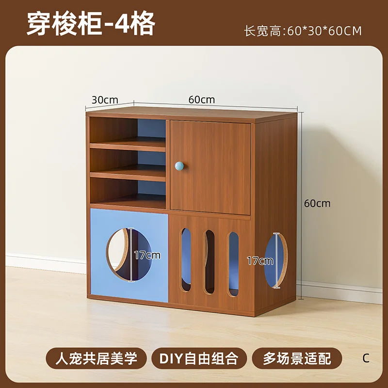 rangement moderne meuble bas multi compartiments minimaliste bois marron foncé bleuclair opaque