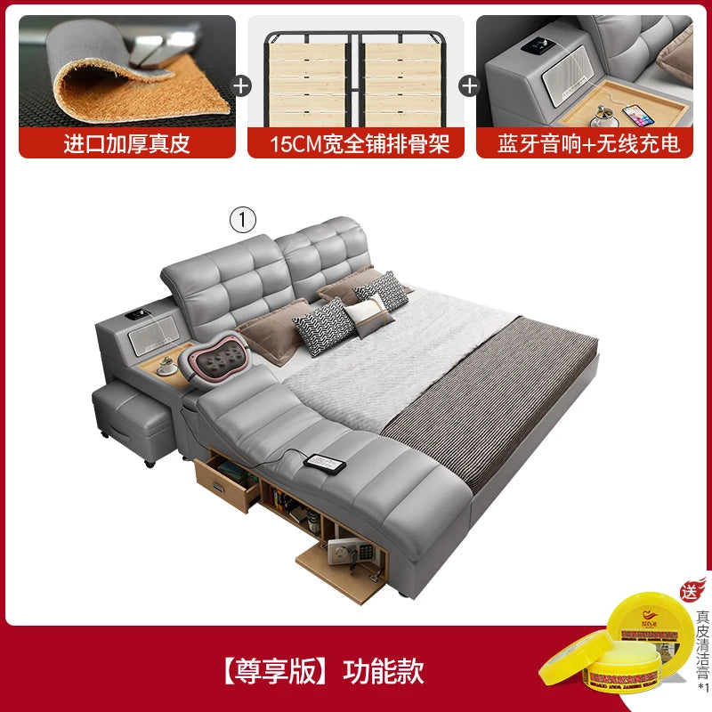 lit multifonctionnel moderne gris clair simili cuir tapis coussins rangement sous lit