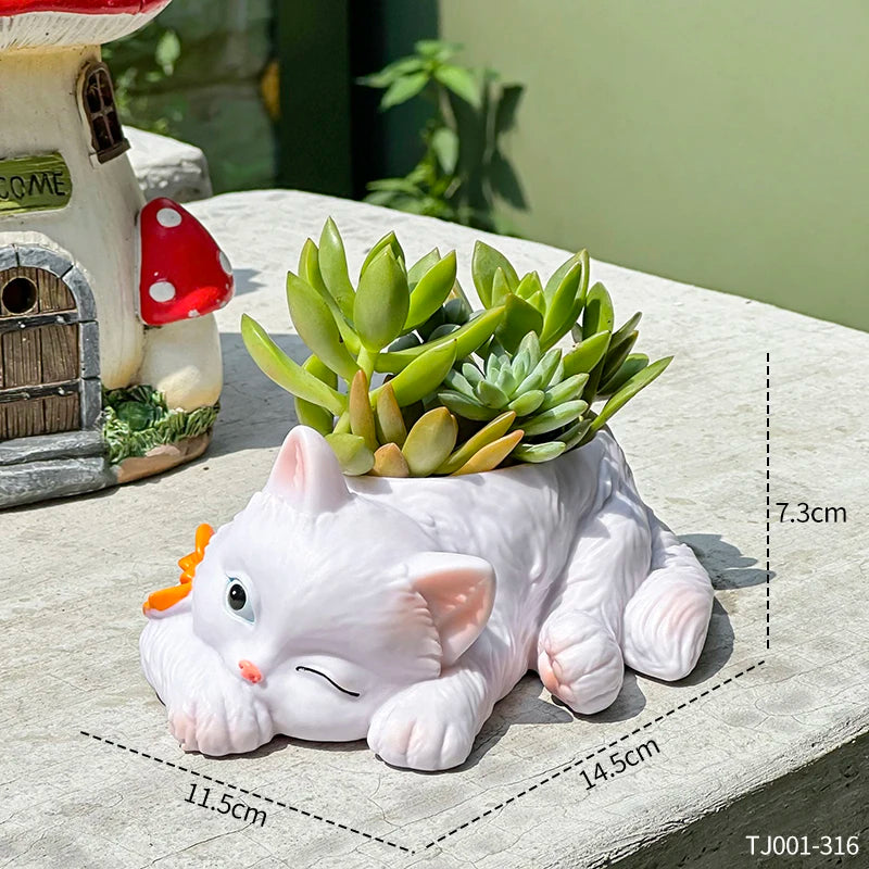 pot fleurs forme chat blanc vert nœud papillon succulentes diverses pierres décoratives jardinage mignon