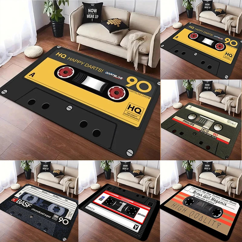 tapis sol rectangulaire motif cassette audio rétro vintage noir jaune vert blanc salon