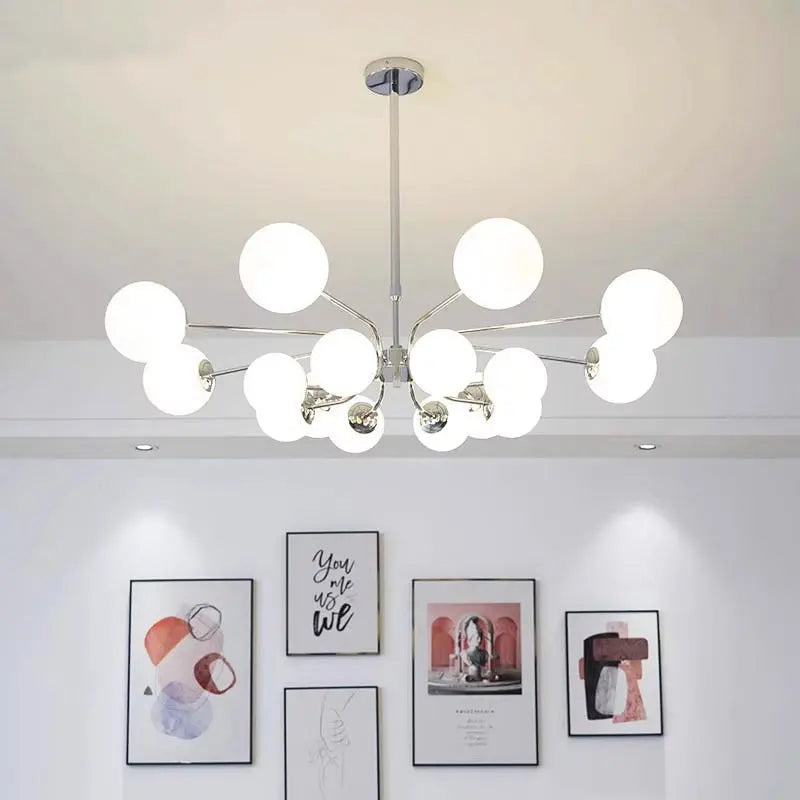 Suspension lumineuse moderne boules sphériques translucides structure chromée salon chambre coucher