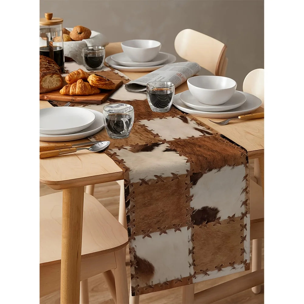 chinois table chemin patchwork cuir vache lin rustique marron blanc geometrique imprimé farmhouse deco