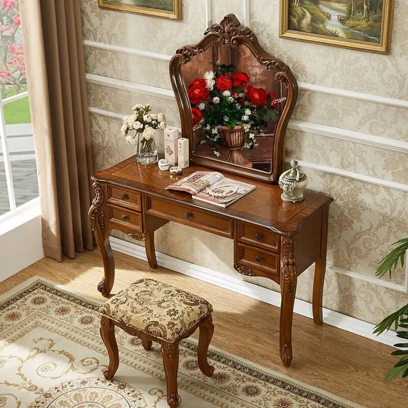 maquillage miroir intégré tabouret bois clair classique ornements détails sculptés