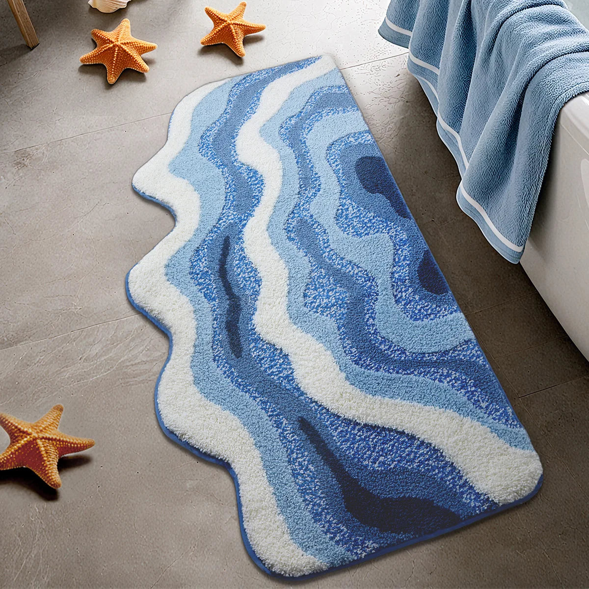 tapis bain moderne bleu beige blanc doux antidérapant imperméable salle bain maison