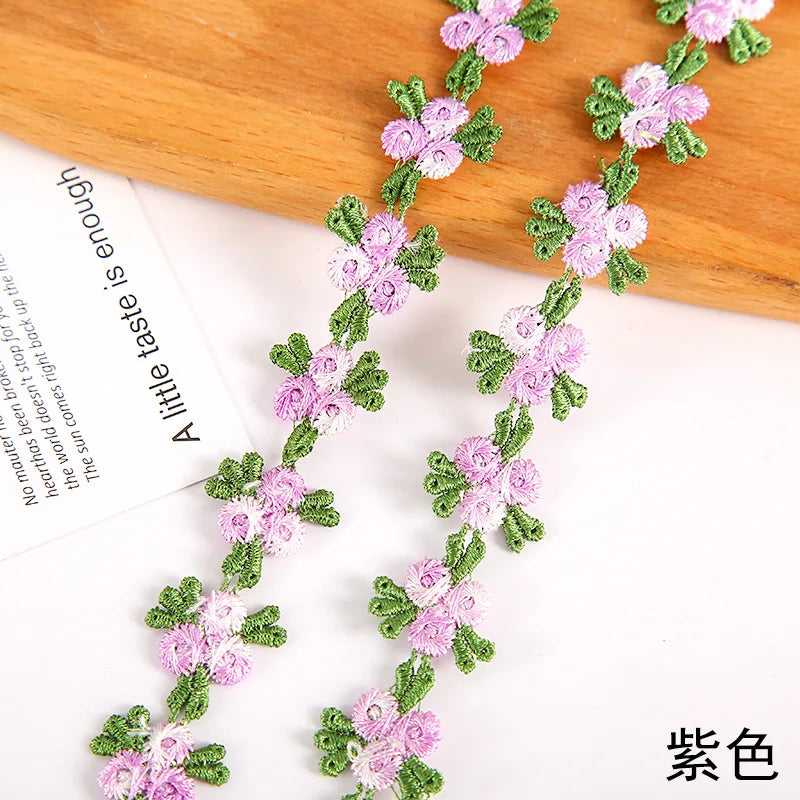 ruban decoratif brode fleurs feuilles 2cm largeur vert rose bleu orange mariage decoration ecologique