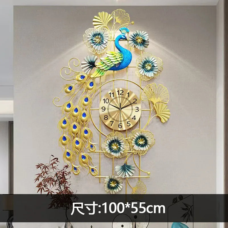 horloge murale paon plumes fleurs bleu doré moderne décoration intérieure fixations ornementales