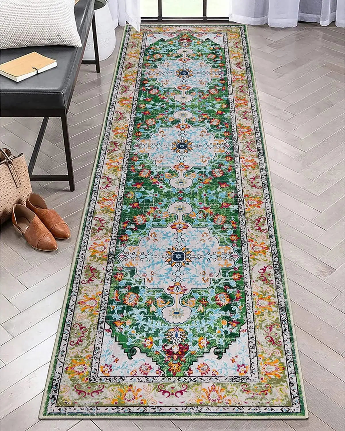 tapis géométrique bohème bleu blanc orange salon salle bain moderne ornement floral