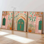 affiches murales décoratives florales arches bois vert rose beige chambre salon