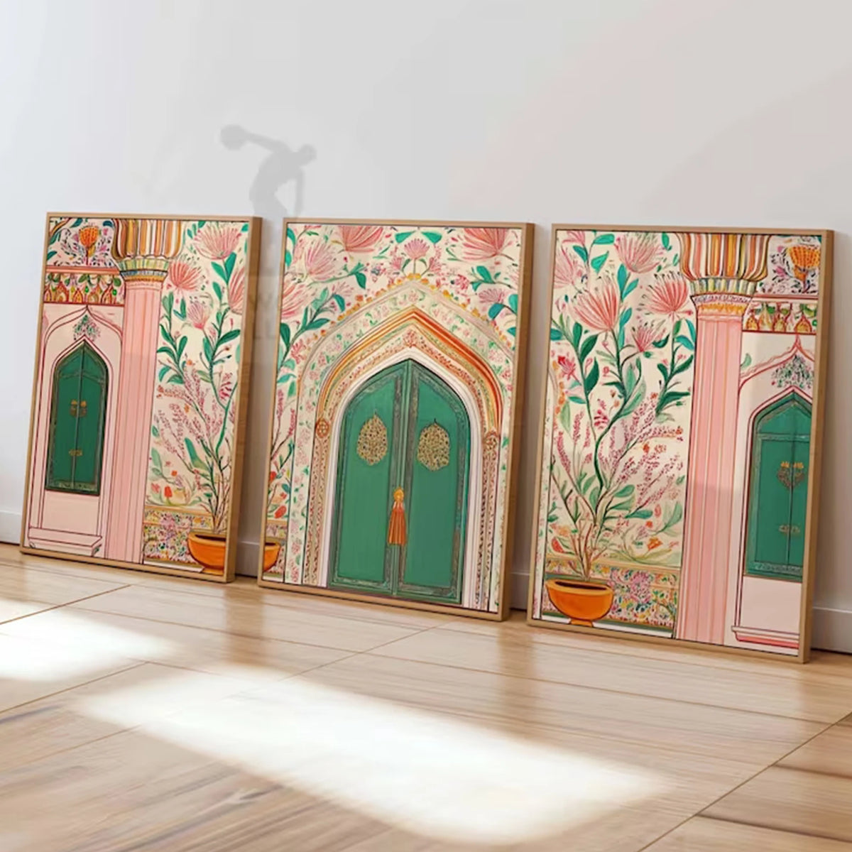 affiches murales décoratives florales arches bois vert rose beige chambre salon