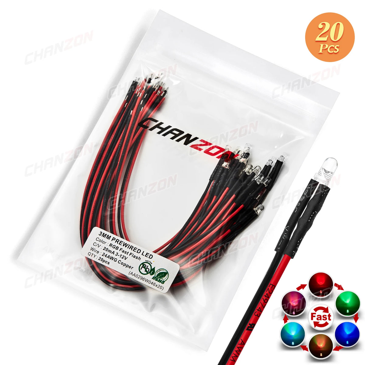LED prébranchées multicolores clignotantes 12V noir rouge blanc vert bleu jaune transparent moderne