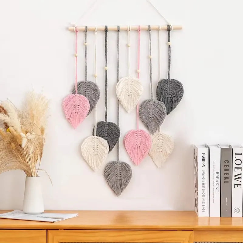 décoration murale macramé feuilles vertes tissage boho crochet artisanal chambre salon