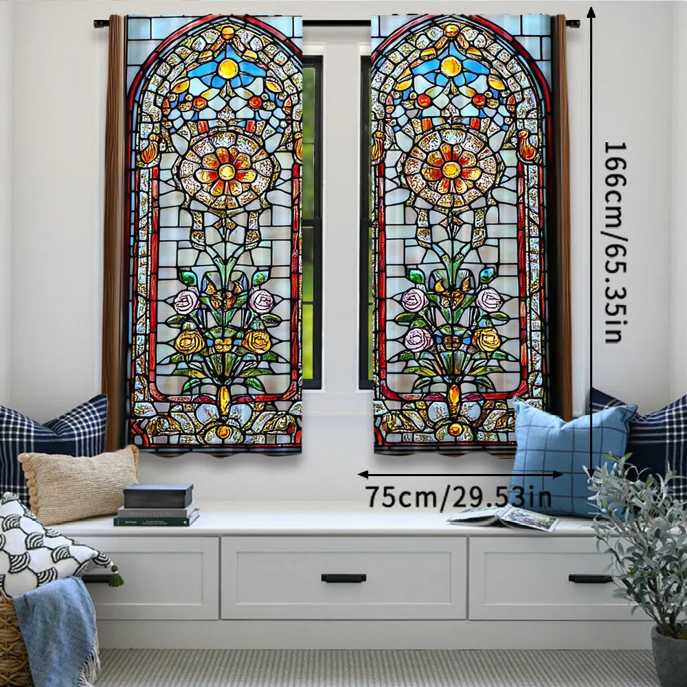 rideaux deux pièces motifs floraux semi transparent vitrail couleurs vives rouge bleu violet