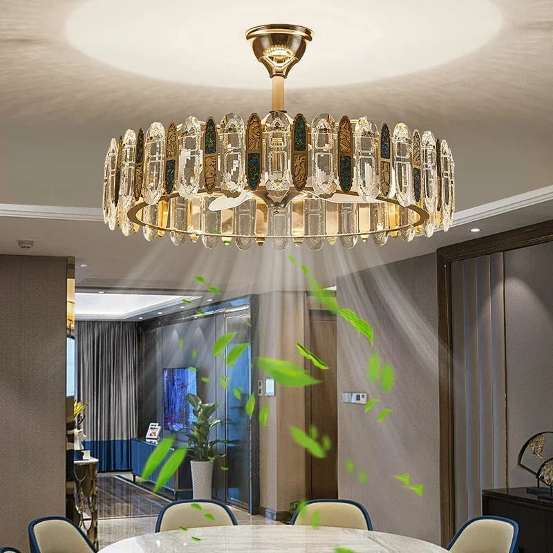 lampe suspendue moderne élégante cristal brillant télécommande dorée led fixée ventilateur