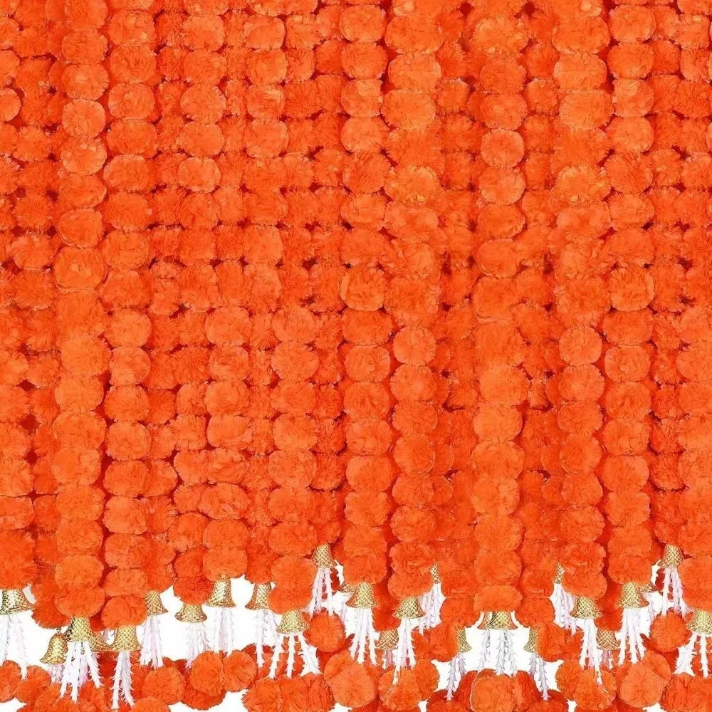 guirlande fleurs artificielles orange jaune rouge décoration festive indienne pompons suspendues 150cm