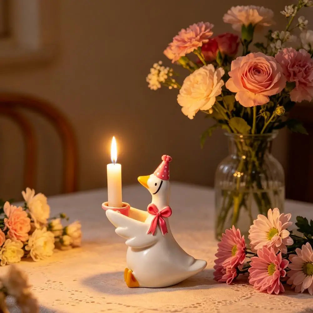 support bougie canard blanc rose jaune détails sculptés texture mat décoratif artisanal bougie ruban