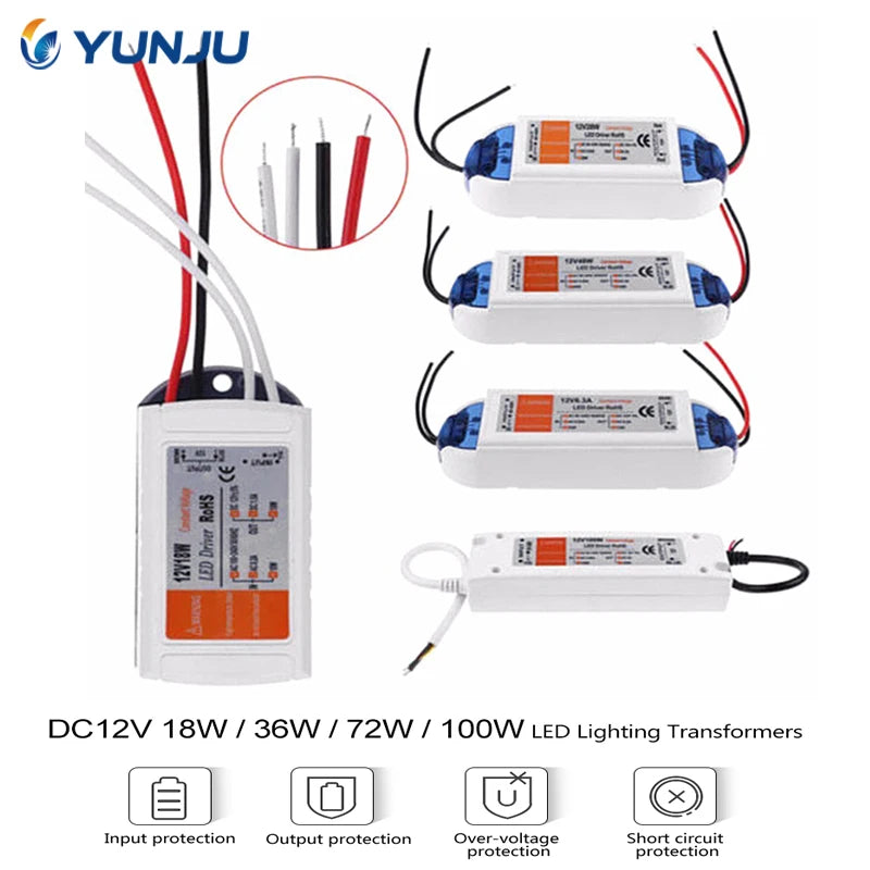 transformateurs led 12v 18w 28w 48w 72w 100w blanc bleu rouge noir industriels modernes
