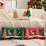 housse coussin brodée sapins dorés boules blanches cerf blanc velours doux hiver décorative lit