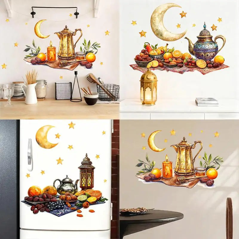 décoration ramadan stickers muraux lanternes colorées lune étoiles dorées floral violet vert rose artisanal