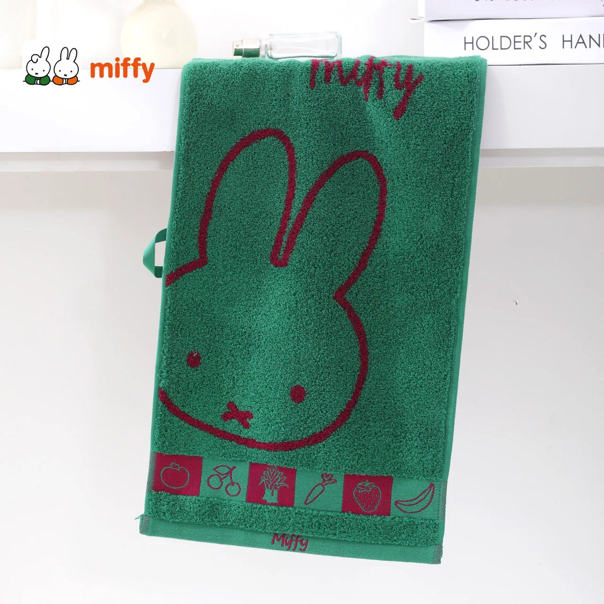 serviette coton lapin miffy dessin animé violet jaune vert gris marron pomme arbre anneaux