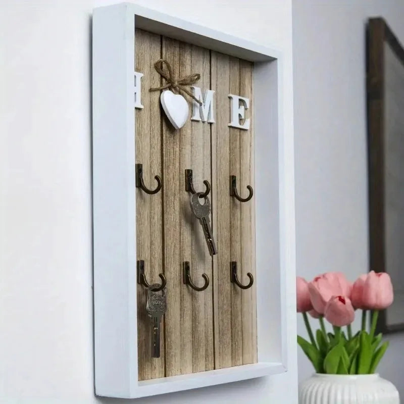 porte clés mural rustique blanc texture bois cœur crochets métalliques vintage