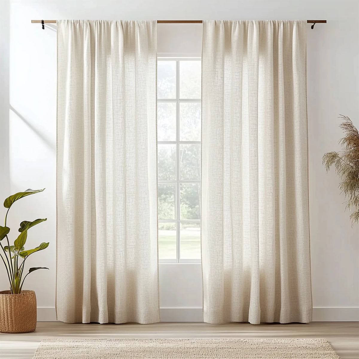 rideaux lin blanc cassé voile semi transparent boho tringle intégrée décoration intérieure neutre lumineuse