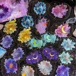 sticker floral abstrait adhésif bleu violet rose vert doré fleur étoile lune papillon
