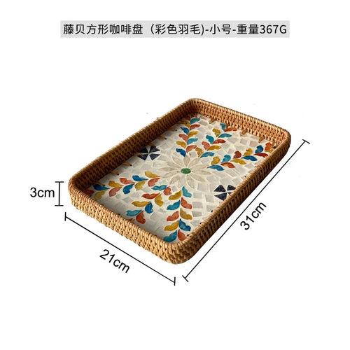 plateau osier marron clair motif mosaïque floral doré rangement maison cuisine décoratif