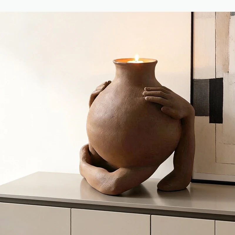 support bougie céramique sculpture humaine décoration maison contemporaine brun ocre texturé