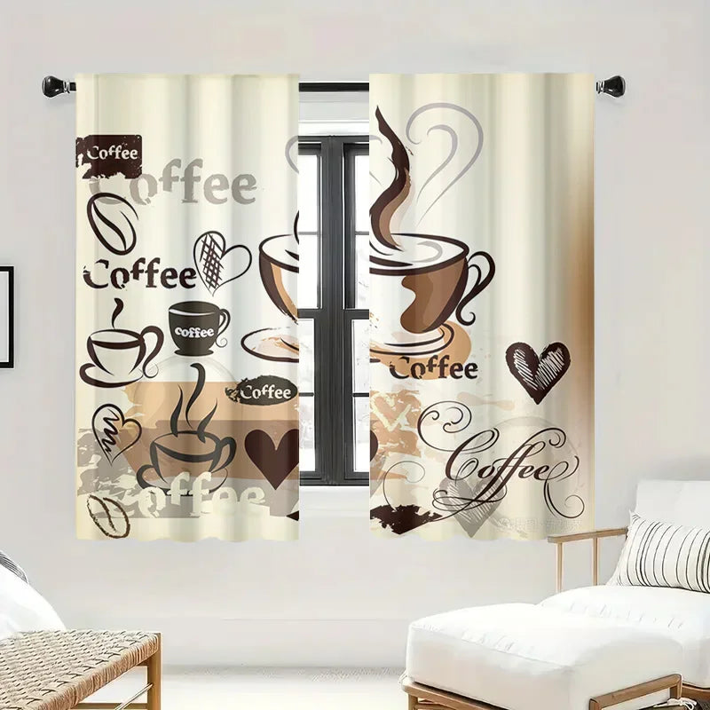rideau moderne tasses grains coeurs lettrage polyester beige marron noir decoration