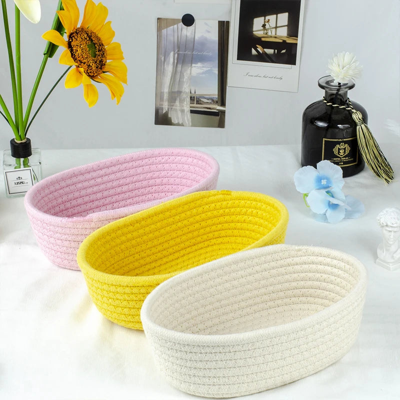 panier rangement tissu coton tressé moderne réutilisable pliable multicolore beige gris rose jaune