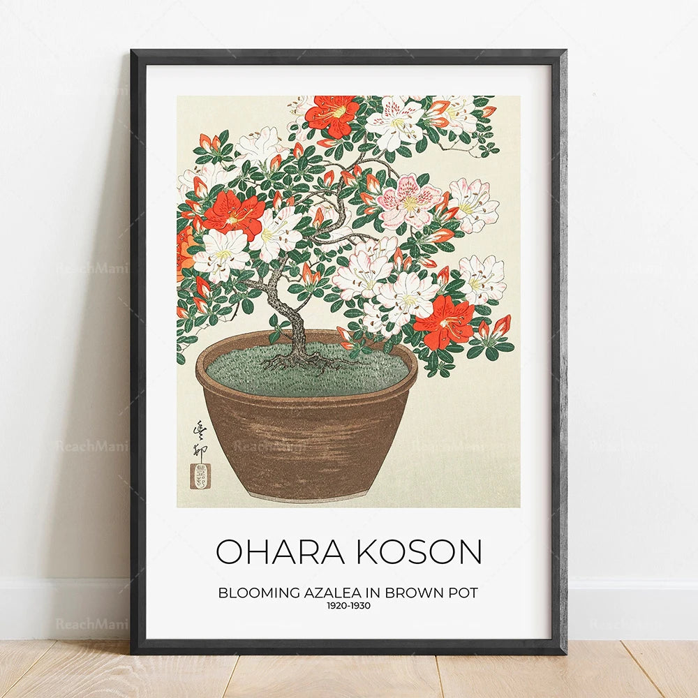 Une fleur d'azalée en fleur dans un pot brun, une illustration vintage japonaise.