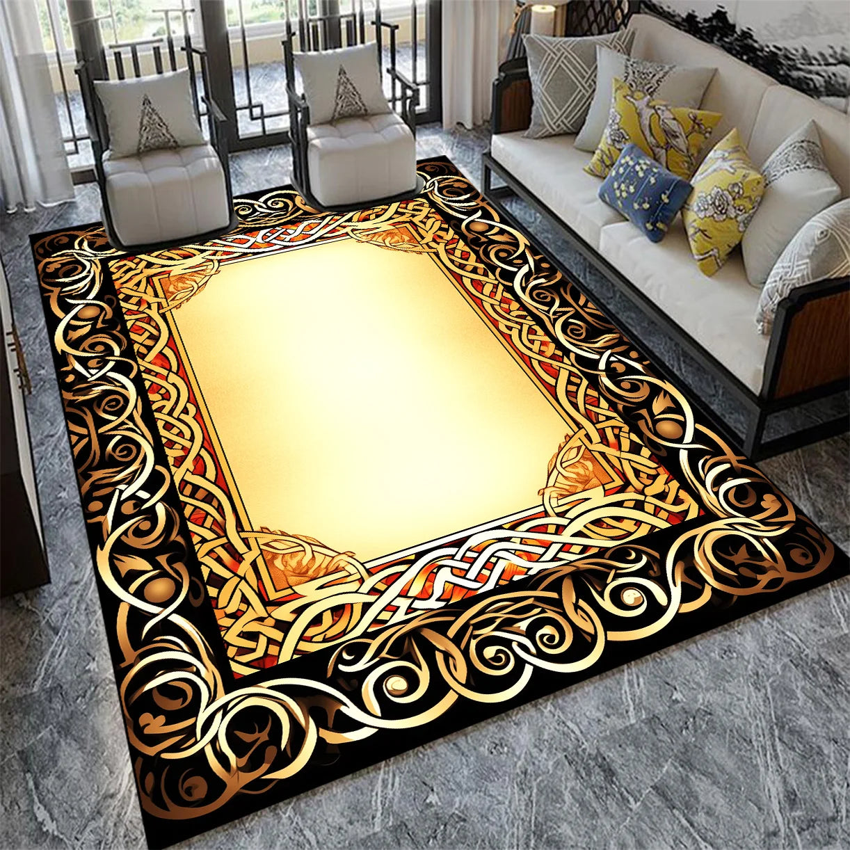 Tapis décoratif avec motifs ethniques dorés et noirs, créant un style moderne et raffiné dans le salon.