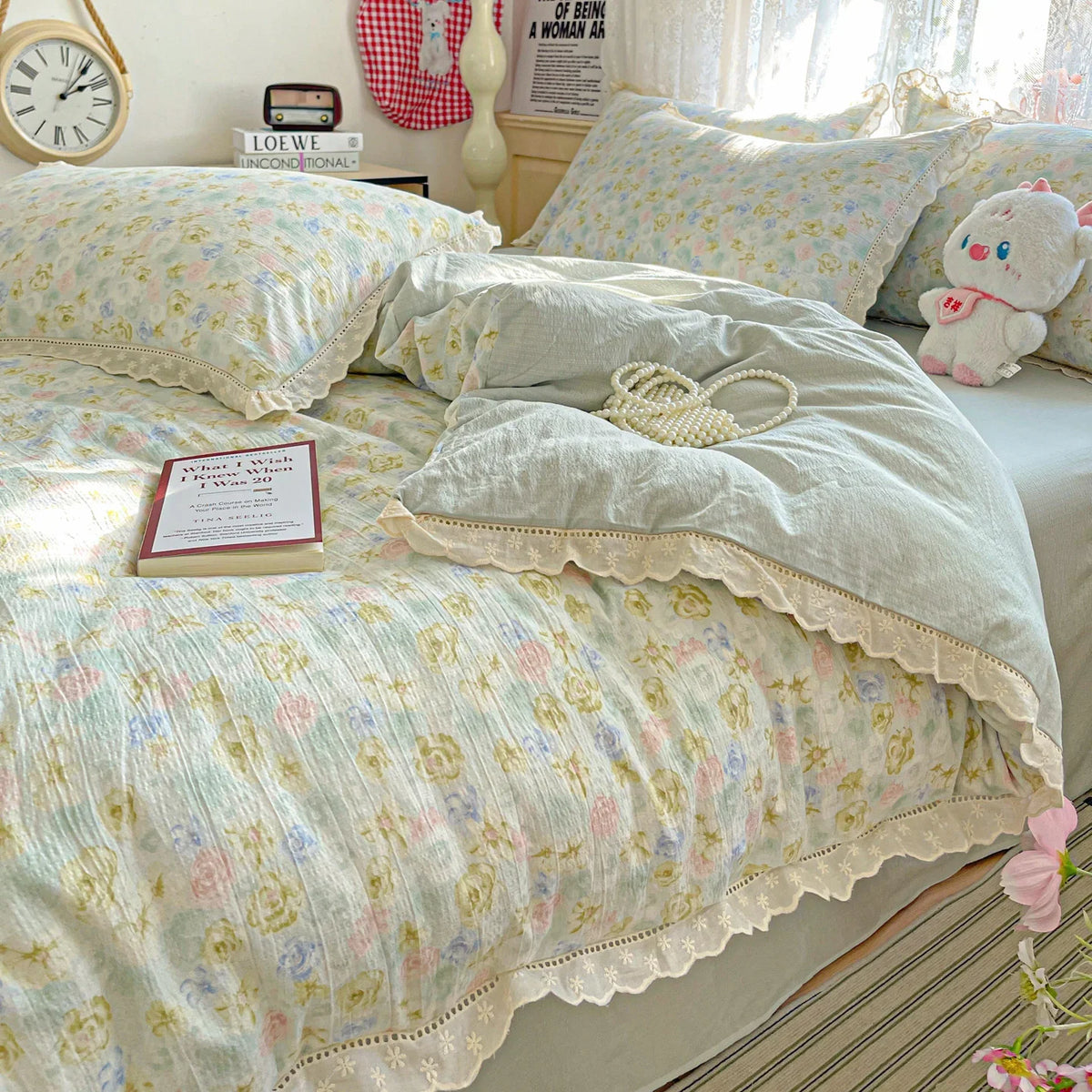 ensemble literie fleuri coton 100% blanc pastel romantique taies d'oreiller drap plat
