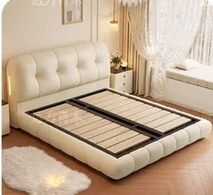 lit rangement moderne beige clair texture cuir bordures fronces 1800mm large