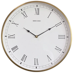 horloge murale dorée aiguilles romains noirs fond blanc moderne salon quartz
