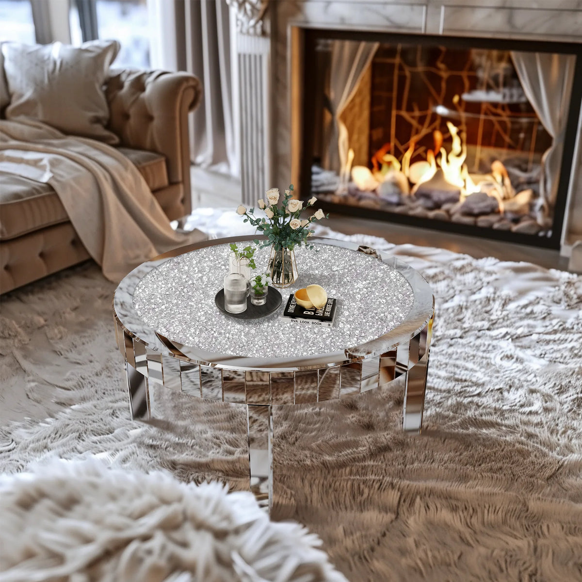 table basse moderne plateau verre strass argenté chic pieds acrylique salon minimaliste