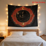 tapisserie murale moderne chat noir motifs floraux astraux contemporain noir rouge or chambre salon