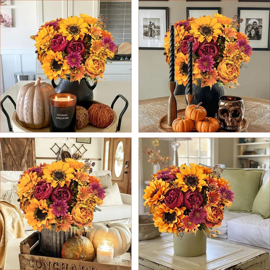 bouquet fleurs artificielles automnales tournesol pivoine chrysanthème marguerite couleurs chaudes réalistes nature rustiqueintérieur décoration