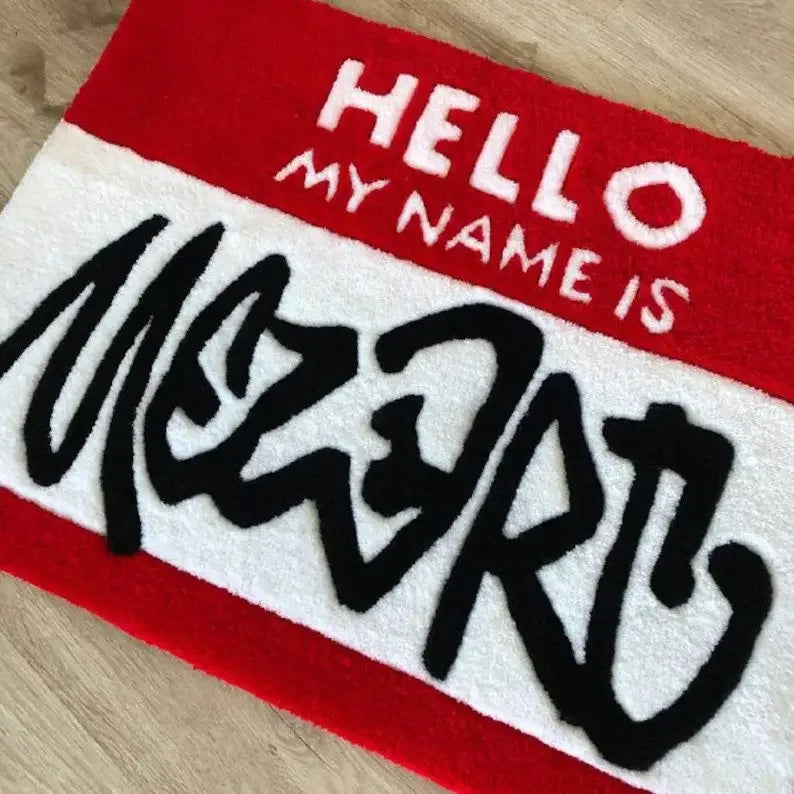 tapis moderne lettre nom rouge blanc sourire étoile polyester résistant décoration chambre salon