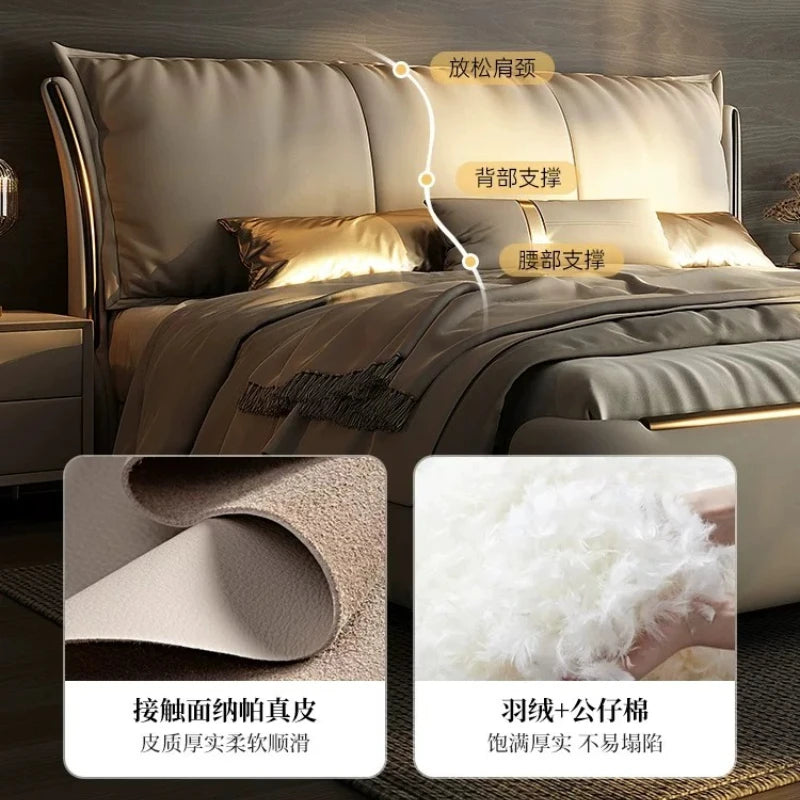 lit double coffre intégré moderne minimaliste tissu mat bois texturé touches dorées pieds métal