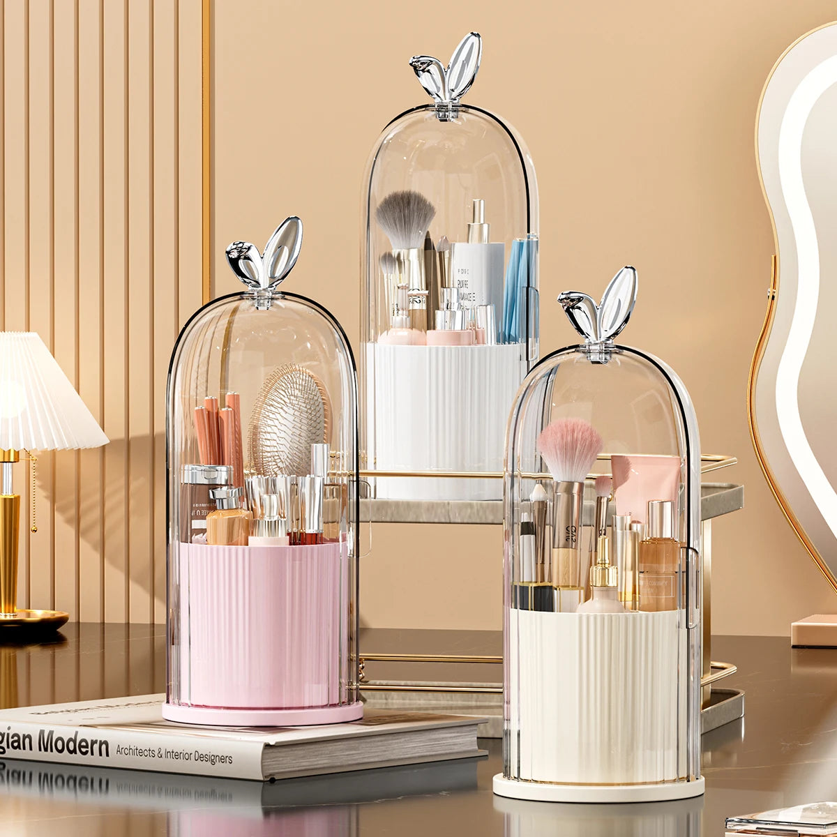 organisateur maquillage boîte rangement rose blanc transparent moderne élégant pinceaux maquillage rouges lèvres palettes