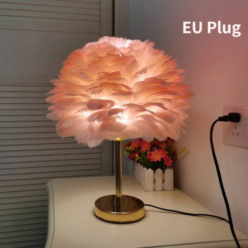 lampe table plumes moderne rose gris blanc décoration bohème éclairage original led certifiée vde