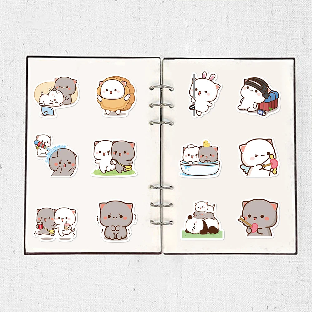 sticker autocollant chat mignon dessin animé blanc rose bleu 60 pièces