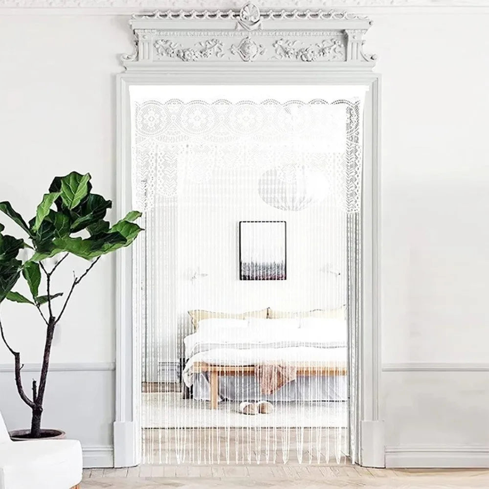rideau porte séparation bohème dentelle motifs floraux franges transparent maison
