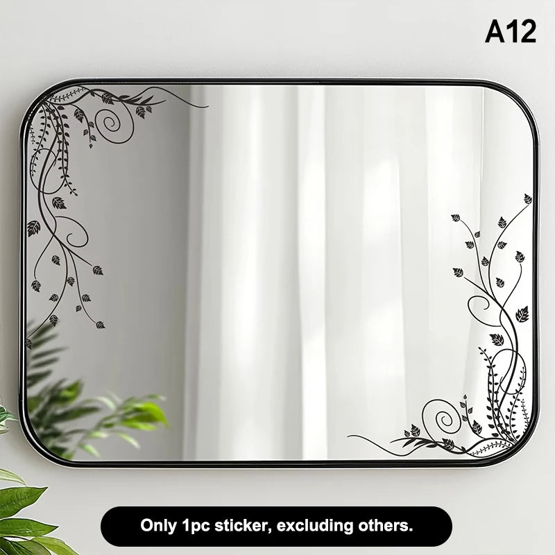 miroir adhésif moderne fleurs feuilles verte doré noir floral amovible chambre salle bain