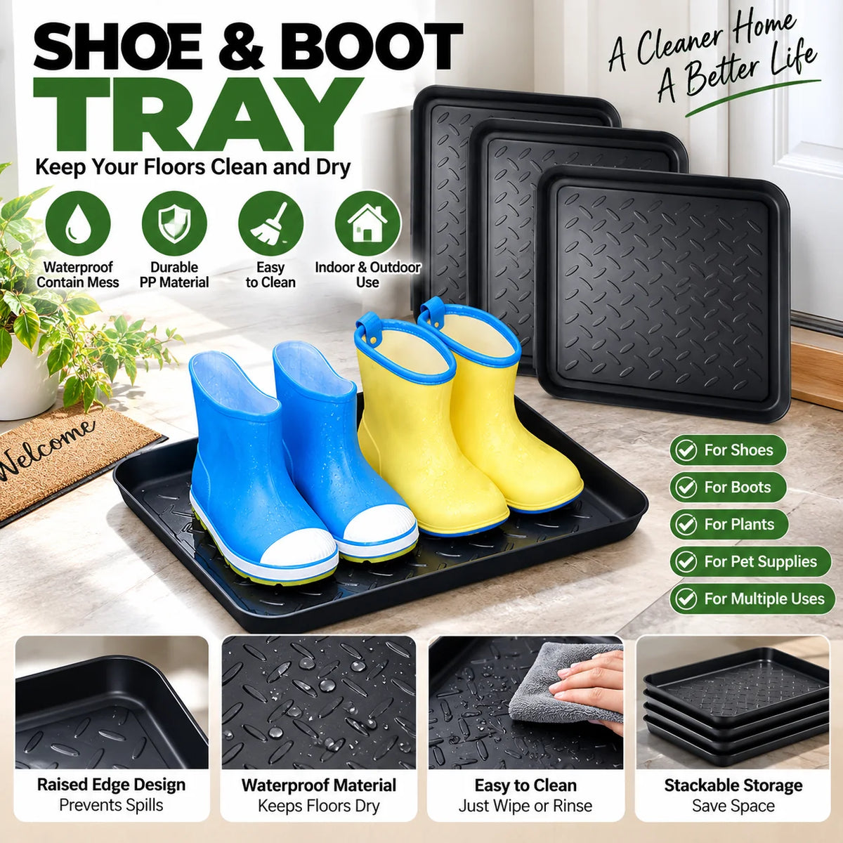 plateau chaussures noir texture diamantée moderne waterproof facile nettoyer empilable entrée animaux