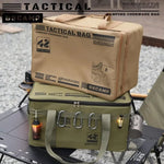 sac rangement camping vert olive imprimé militaire 30L étanche boucles métalliques assiettes couvercles bouteille